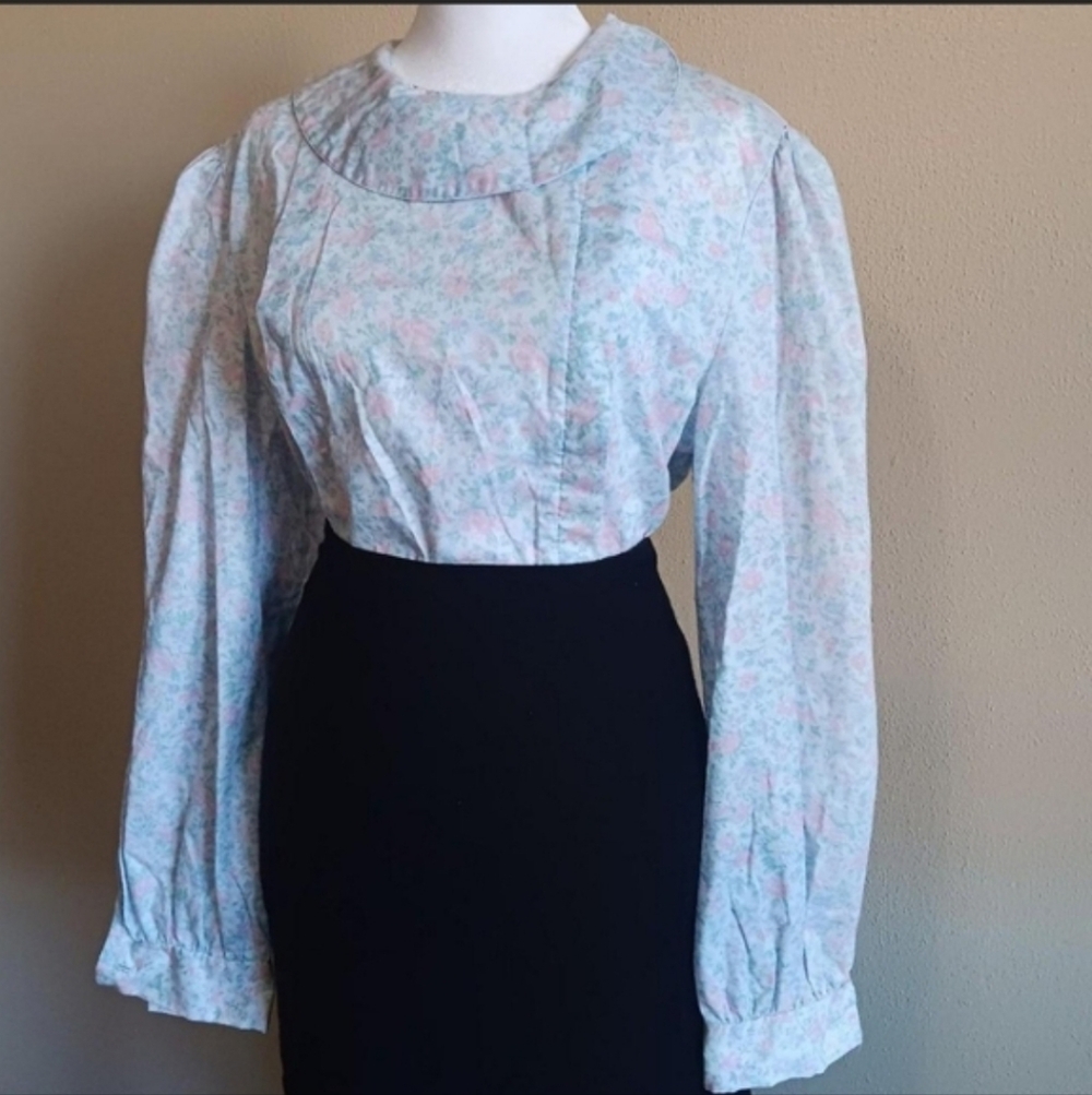 Vintage Floral Pleated Prairie Cottagecore Blouse Approx Size XL, Pink Blue - Picture 2 of 8